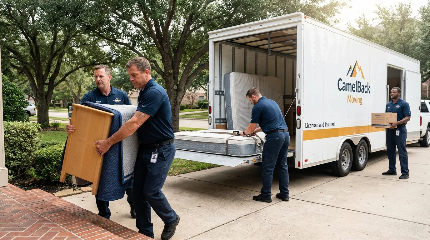 Crew loading residential truck for cross-state move from Manchaca, TX