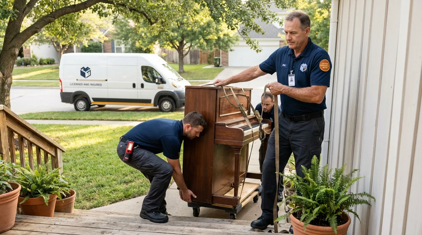 Licensed piano movers securing grand piano in Manchaca, TX